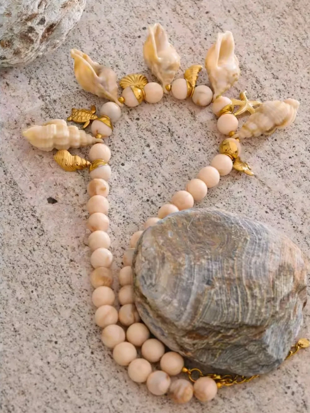 Couture Gold Cream Shell Charm Beaded Necklace - Picture 5 of 11